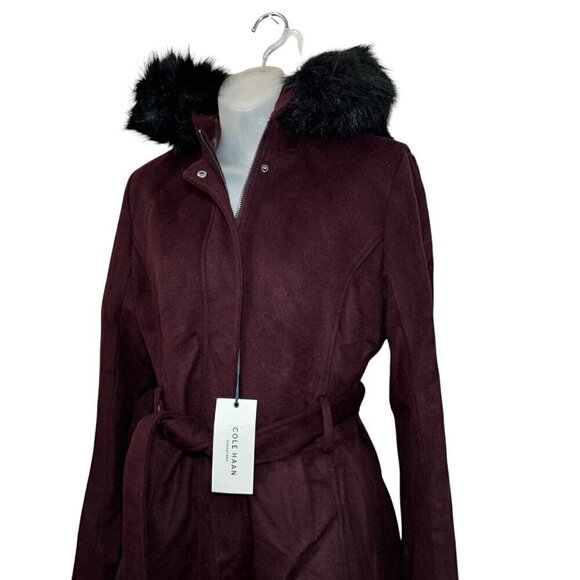 NWT Cole Haan Women's Hooded Coat Slick Wool Detatchable Faux Fur Trim- Women 8 - Picture 6 of 13